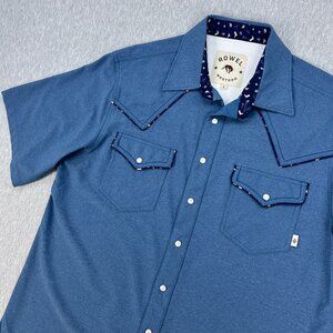 Rowel Western Pearl Snap Shirt Mens L Blue Piping Vented Stretch Cowboy Rodeo